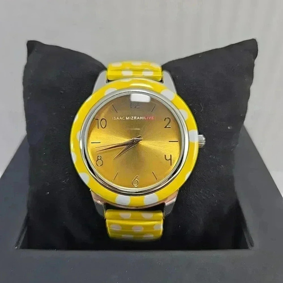 Womens Isaac Mizrahi Live Quartz Watch Yellow Polka Dot 38mm Stretch New Battery - Picture 1 of 7